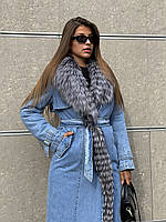 Зимове утеплене хутряне пальто з деніму з чорнобуркою котон джинс блакитне