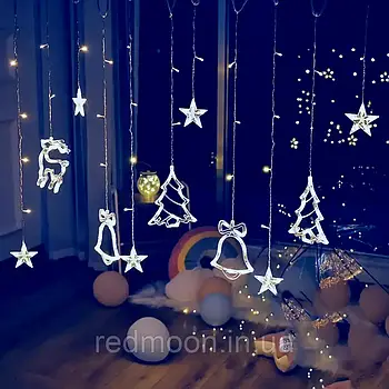 Гірлянда Штора 2,5 м, від мережі, +пульт ДУ, 12 фігурок, Холодний білий / Світлодіодна гірлянда