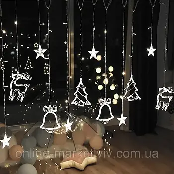 Гірлянда Штора від мережі, 2,5м, +пульт ДУ, з фігурками 12 шт, Холодний білий / Світлодіодна гірлянда новорічна
