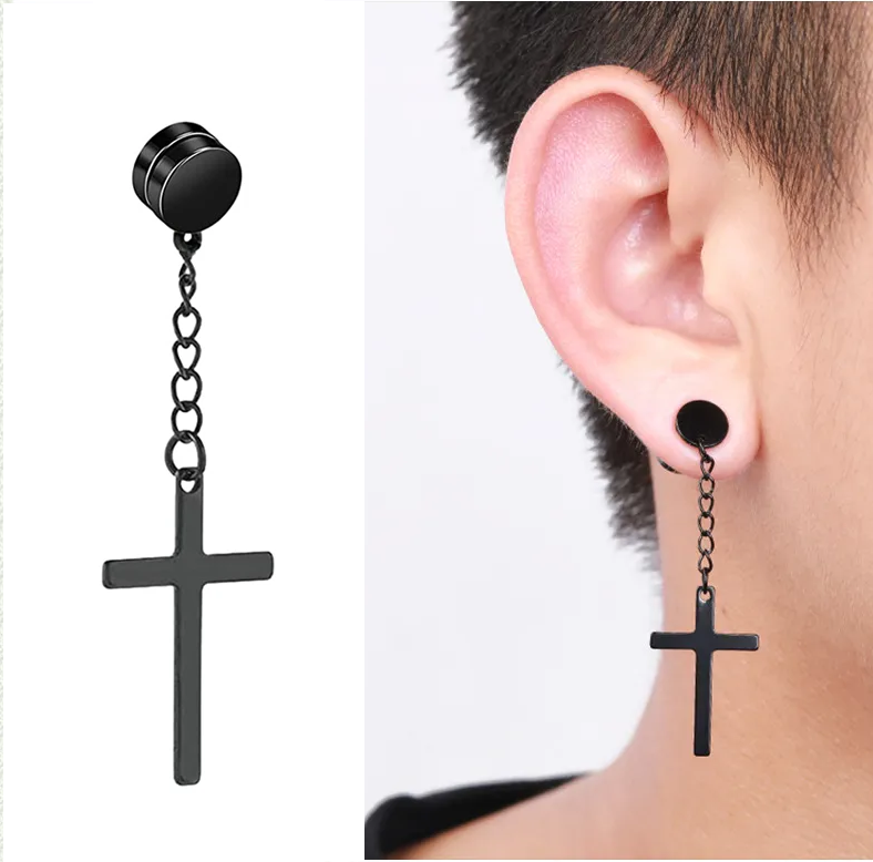 Довга сережка на магніті 1 шт. з хрестом чорна