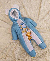 Теплий комбінезон для новонароджених хлопчиків блакитний, принт Ведмедик з кульками