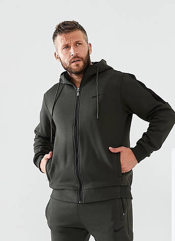 Спортивний костюм Nike теплий чоловічий із каюпшоном, зимовий спортивний костюм Nike Найк на флісі хакі, фото 1