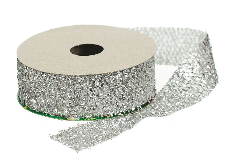 Стрічка декоративна 2,5см x 4,5м, поліестер, срібна з блискітками
