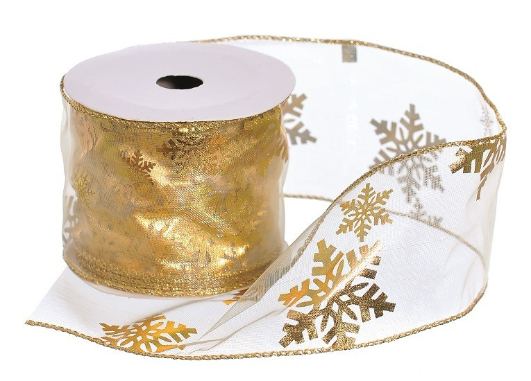 Стрічка декоративна 6,3см x 2,7м органза з золотими сніжинками