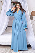 Жіночий халат з натуральної тканини льон жатка довгий Небесно Синій