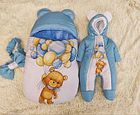 Спальник від 0-8 місяців + комбінезон 56-62 для новонароджених, блакитний, принт Ведмедик з кульками