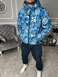 Куртка чоловіча весна-осінь блакитна з капюшоном з принтом утеплена демісезонна Blue Roses