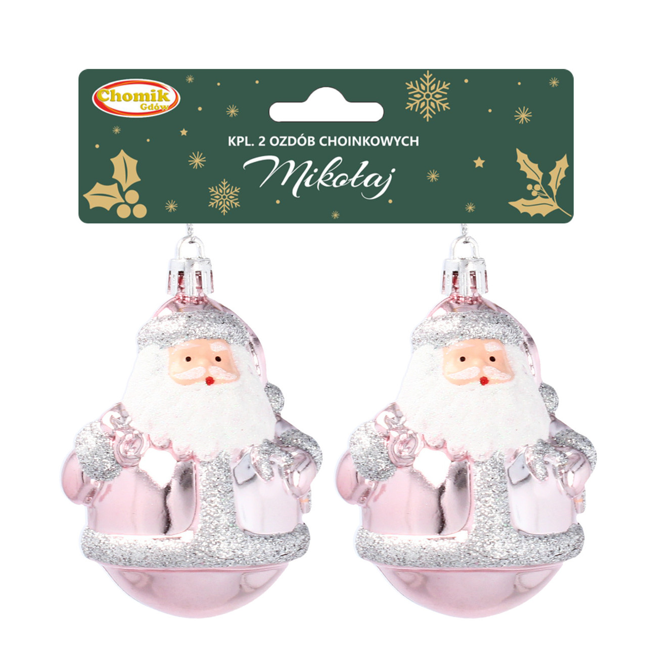 Ялинкова пластикова прикраса Санта Chomik 2 шт комплект 8 см рожевий
