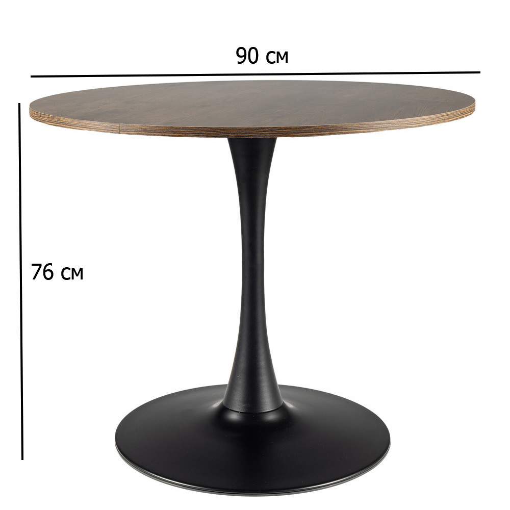 Стіл круглий з меламіну Amadeo II 90 см горіх з чорною матовою металевою ніжкою для кафе, фото 1