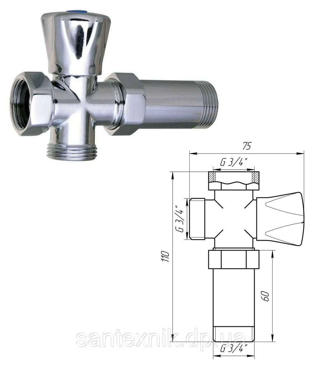 Кран вентильний триходовий для пральної машини Q PROFESSIONAL 3/4x3/4x3/4 з подовжувачем NV-QP170
