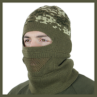 Мужская балаклава шапка подшлемник олива пиксель ВСУ, Армейская балаклава вязаная, Военная зимняя шапка маска