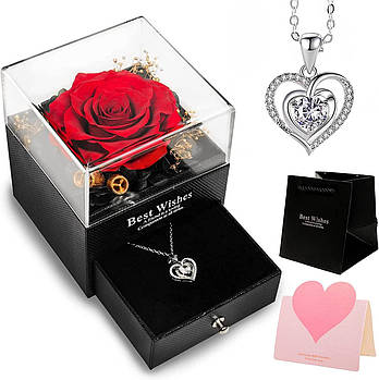 Вічна справжня червона троянда з подарунковою коробкою із намистом