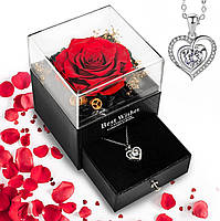 Вічна справжня червона троянда з подарунковою коробкою із намистом, фото 2
