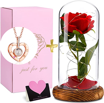 Вічна троянда в колбі з LED підсвічуванням + кулон