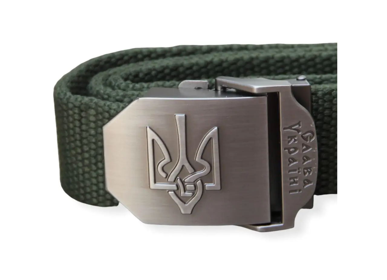 Ремінь із пряжкою Тризуб із написом Слава Україні колір Олива, фото 1