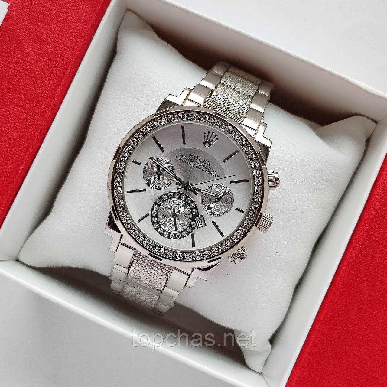 Сріблястий наручний жіночий годинник Rolex (ролекс) прикрашений камінчиками, рефлений браслет - код 2361b