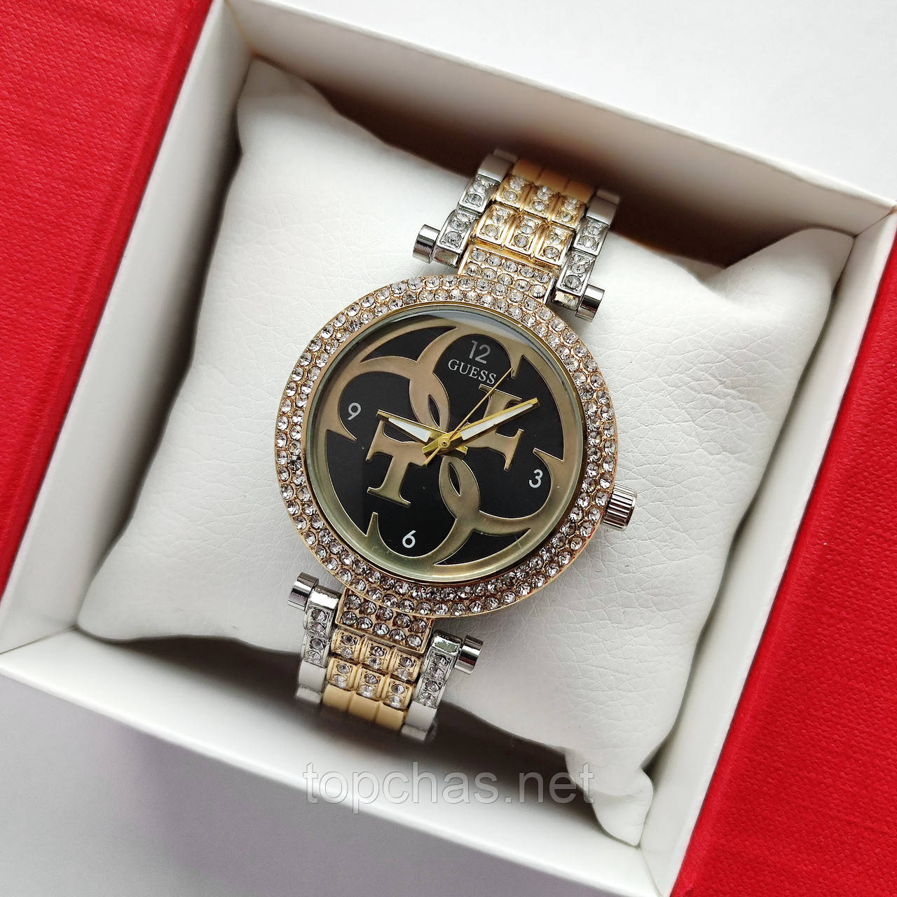Жіночий наручний годинник Guess (Гес) золотистий з чорним, камінчики на корпусі і браслеті - код 2362b