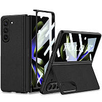 Шкіряний чохол GKK 360 + Glass з підставкою для Samsung Galaxy Z Fold5 Загартоване скло, Black