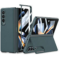 Шкіряний чохол GKK 360 + Glass з підставкою для Samsung Galaxy Z Fold4 Загартоване скло, Gray / Green