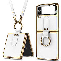 Шкіряний чохол GKK with ring and strap для Samsung Galaxy Z Flip3 Метал, white