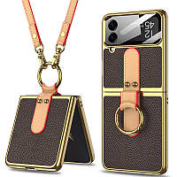 Шкіряний чохол GKK with ring and strap для Samsung Galaxy Z Flip4 Метал, Brown