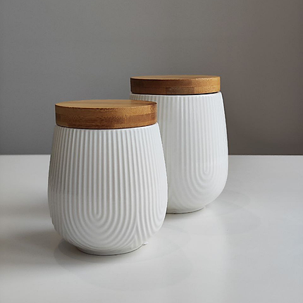 Банки з дерев'яною кришкою 600 мл для сипучих продуктів біла кераміка 1 шт 10х10х12.5 см, фото 1