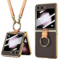 Шкіряний чохол GKK with ring and strap для Samsung Galaxy Z Flip5 Метал, Brown