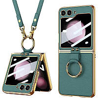 Шкіряний чохол GKK with ring and strap для Samsung Galaxy Z Flip5 Метал, Forest Green