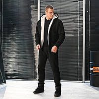 Зимний мужской спортивный костюм на меху с капюшоном, теплый комплект на овчине кофта+штаны черный