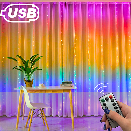 Гирлянда Штора Радуга 3м*2.8м с пультом Светодиодная от USB (ID ...