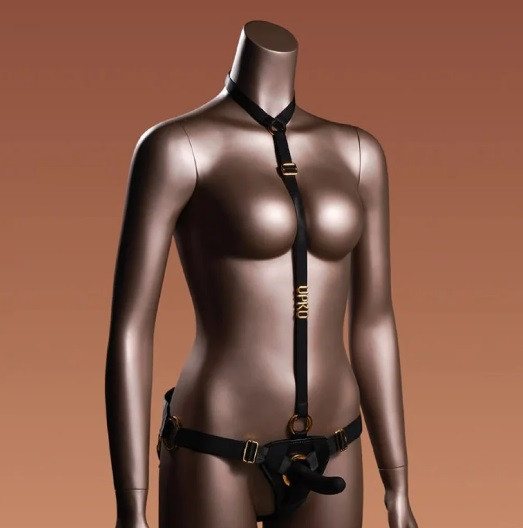 Страпон з нереалістичним фалоімітатором M UPKO, з нашийником, чорний 18+, фото 1