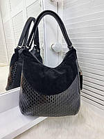 Жіноча сумка-мішок красива модна чорна замша+ лакова екошкіра