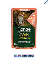 Беззерновой влажный корм Monge Cat Wet Bwild Grain Free Sterilised лосось с креветками и овощами 0.085 кг