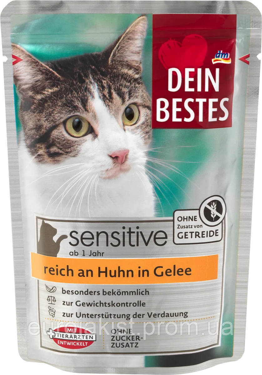 Вологий корм для котів з куркою в желе Dein Bestes Nassfutter Katze sensitive mit Huhn in Gelee, 100 g - фото 1 - id-p2038593471