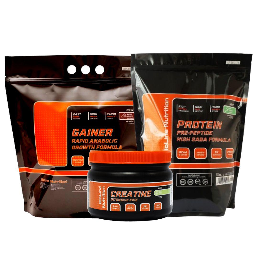 АКЦІЯ! XL Набір на  м'язову масу 2 кг протеіну, 3 кг гейнеру + Креатин(BIOLINE)., фото 1