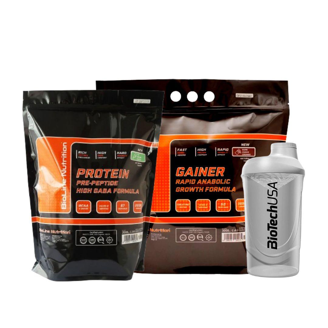 Набір на м'язову масу "МасаPRO+" 2 кг протеїн, 3 кг гейнер + шейкер, фото 1