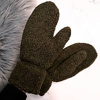 Варежки женские зимние тедди утепленные хаки теплые рукавички для девушки с мехом