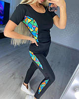 Костюм лосини та футболка для спорту та фітнесу з широким поясом біфлекс колір чорний вставки кольоровий принт