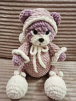 34 см. Вязаная игрушка "Мишка в пижаме" из плюша ручной работы. Розовый