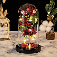 Тройная роза в стекле колбе на батарейках с LED подсветкой Красная подарок для девушки на Новый год Рождество