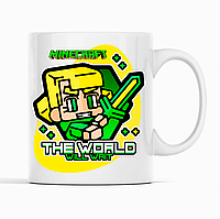 Білий чашка (кухоль) з оригінальним принтом онлайн ігри Minecraft "The World will wait Minecraft  Майнкрафт"
