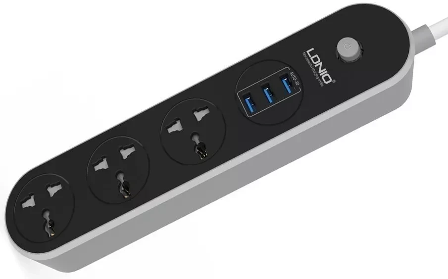 Мережевий фільтр-подовжувач LDNIO 3 розетки + 3 USB 3.1 A 1.6 м з вимикачем Black (SC3301)