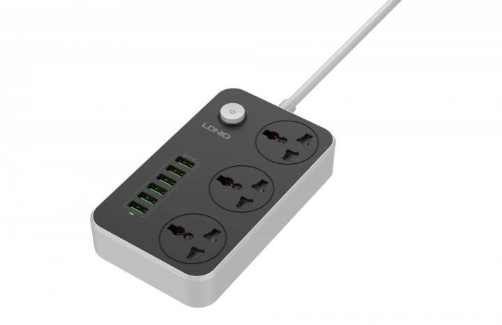 Мережевий фільтр-подовжувач LDNIO 3 розетки + 6 USB із захистом 2500 W 10 A 2 м Black (SC3604)