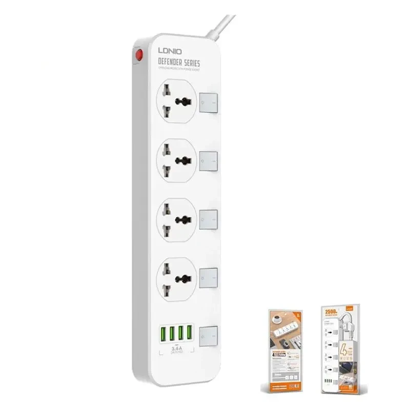 Мережевий фільтр-подовжувач LDNIO 4 розетки + 4 USB 2500 Вт 3.4A 2 м із захистом White (SC4408)