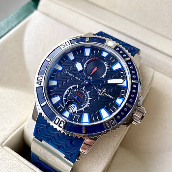 Механічний годинник Ulysse Nardin Maxi Marine Diver Silver Blue AAA чоловічий з автопідзаводом на синьому ремінці