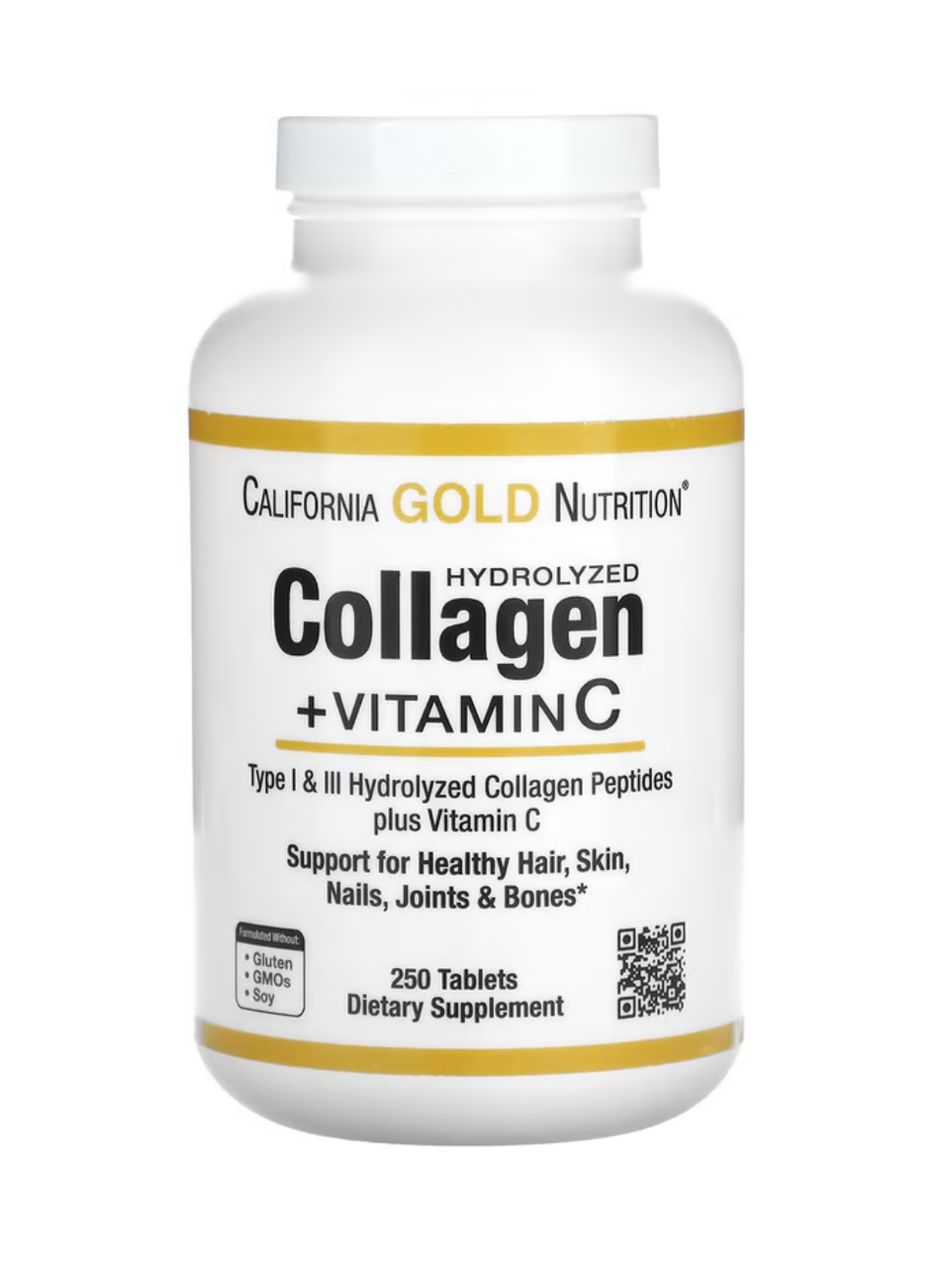 California Gold Hydrolyzed Collagen Peptides + Vitamin C Type I & III 250 Tablets