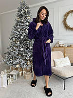 Женский махровый халат теплый домашний поясом и капюшоном Турция фиолетовый длинный мягкий пушистый для дом