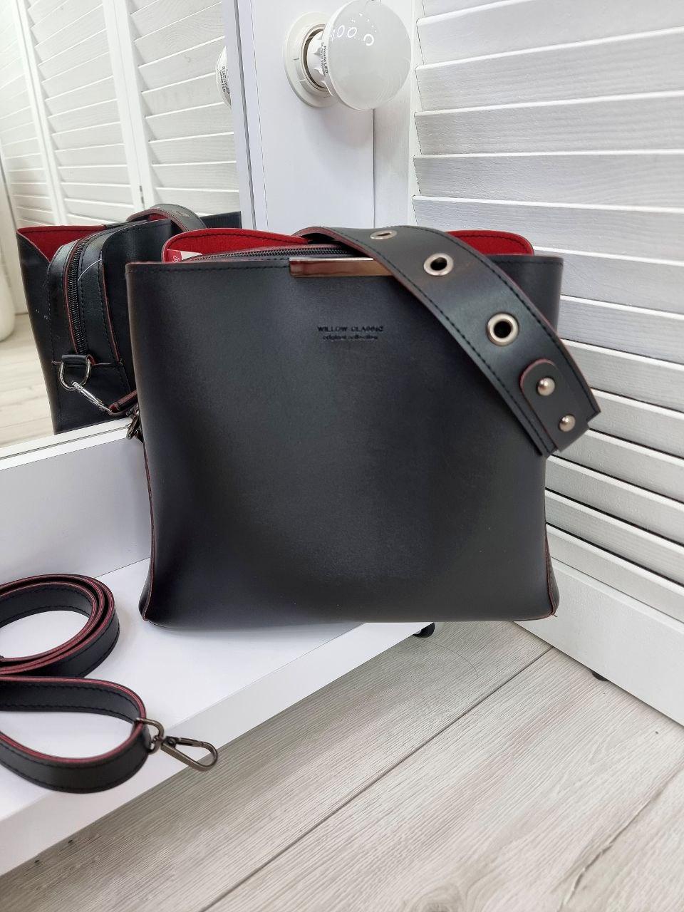 Жіноча сумка через плече стильна кроссбоді модна сумочка чорна з червоним екошкіра, фото 1