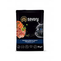 Влажный корм Savory для взрослых кошек, лосось с горошком в соусе, пауч, 85 г