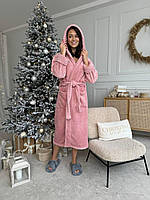 Женский махровый халат теплый домашний поясом и капюшоном Турция розовый длинный мягкий пушистый для дом люкс